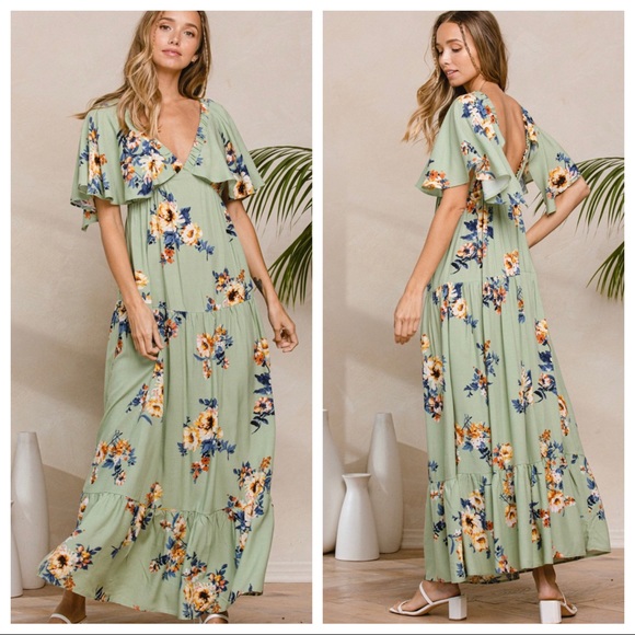 08 Most Fabulous Boho Chic Floral Flutter Sleeve V Neck Long Tier Maxi Dress - Picture 3 of 4